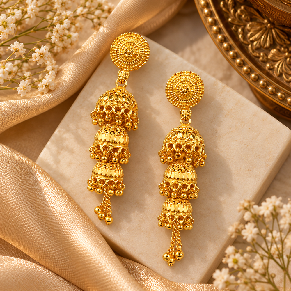 The99Jewel Heritage Inspired Gold Plated Multi Layered Jhumki Earrings | Traditional Designer Jewellery for Women