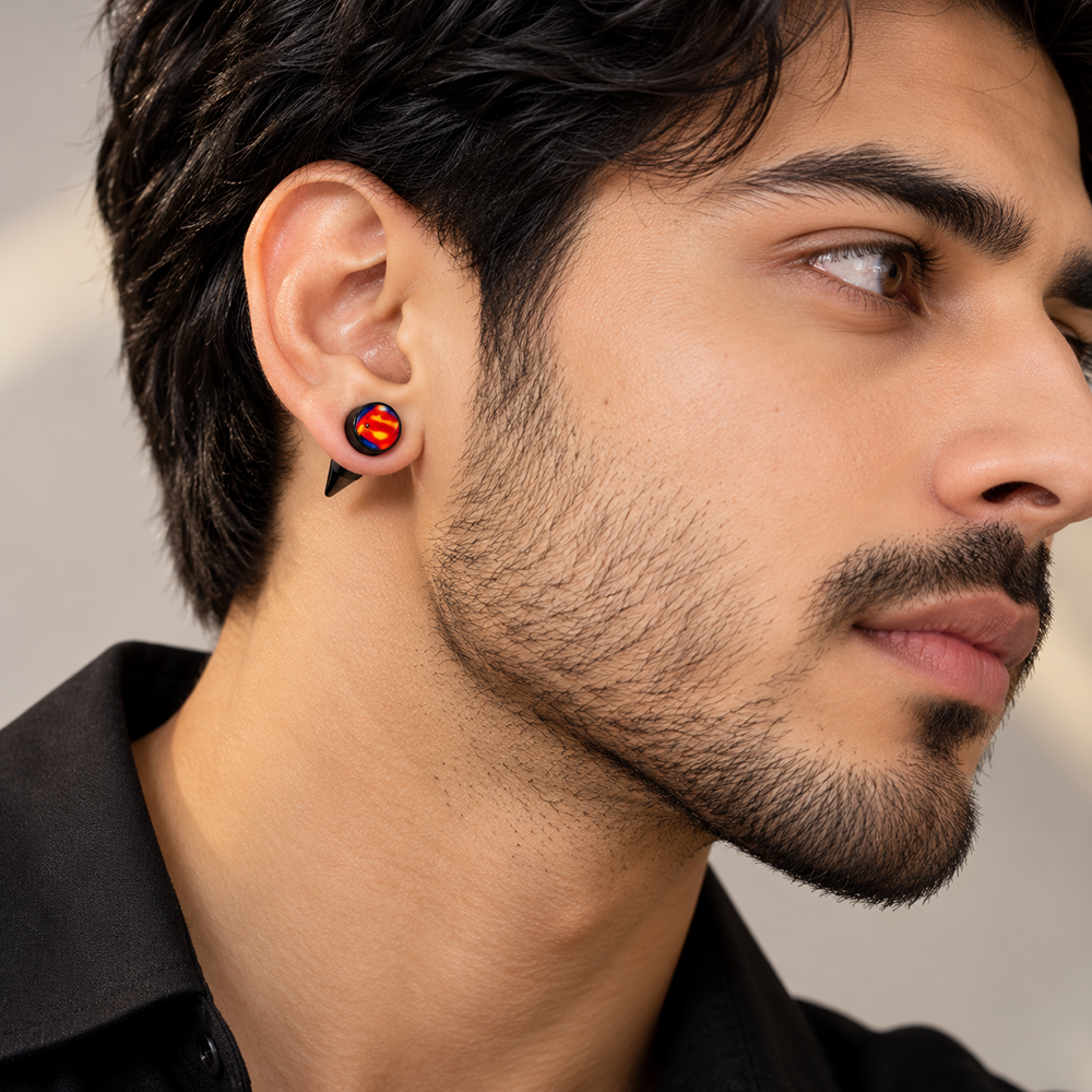 The99Jewel Men's Fashion SuperMan Design Stud Earrings for Ear Piercing | Modern Stylish Ear Jewellery for Daily Wear