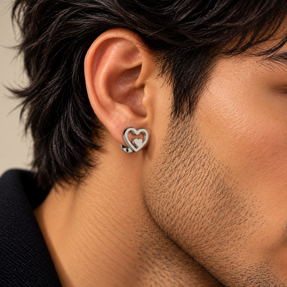 The99Jewel Men's Designer Heart Shape Stud Piercing Earrings | Contemporary Fashion Ear Jewellery for Men 