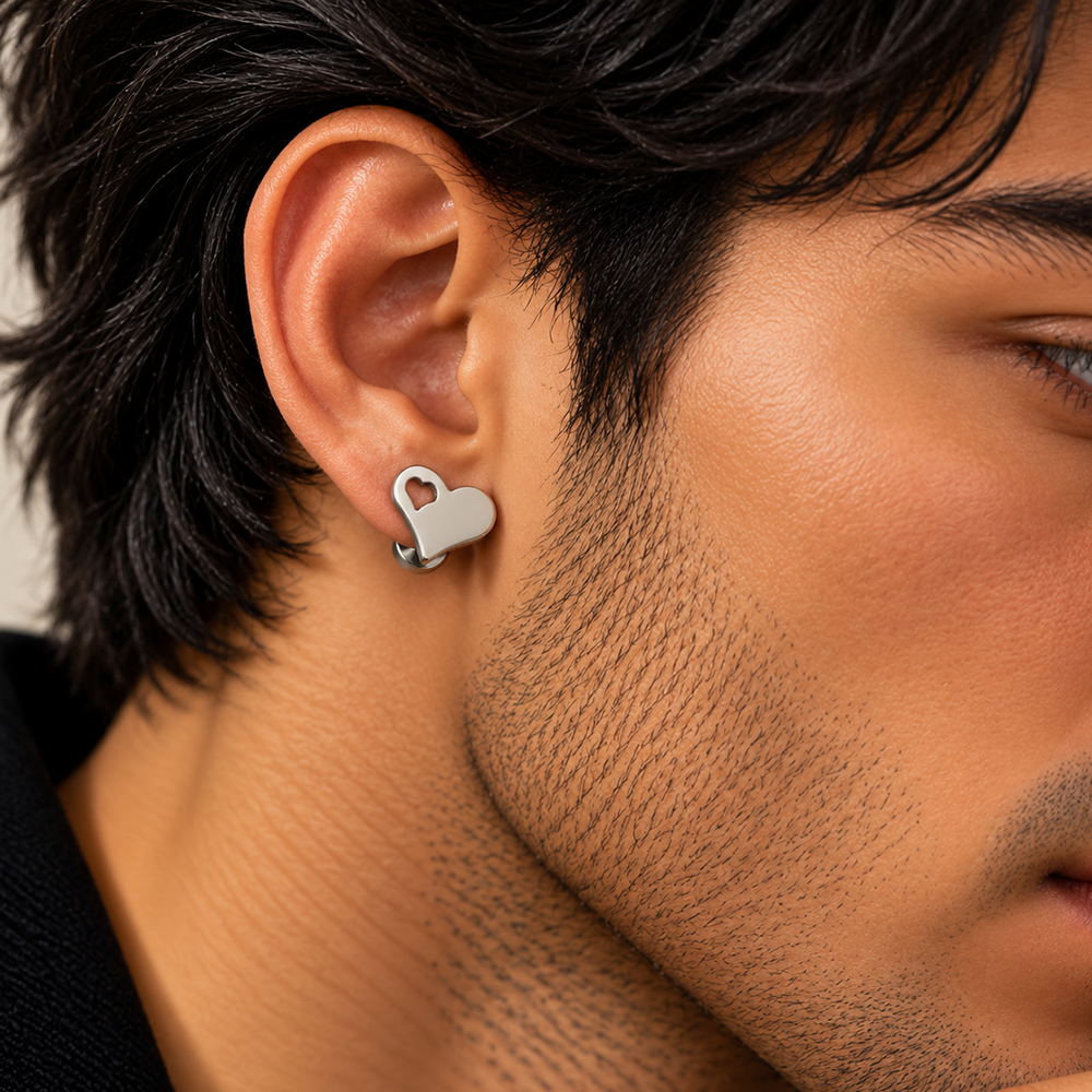 The99Jewel Men's Designer Heart Shape Stud Piercing Earrings | Contemporary Fashion Ear Jewellery for Men 