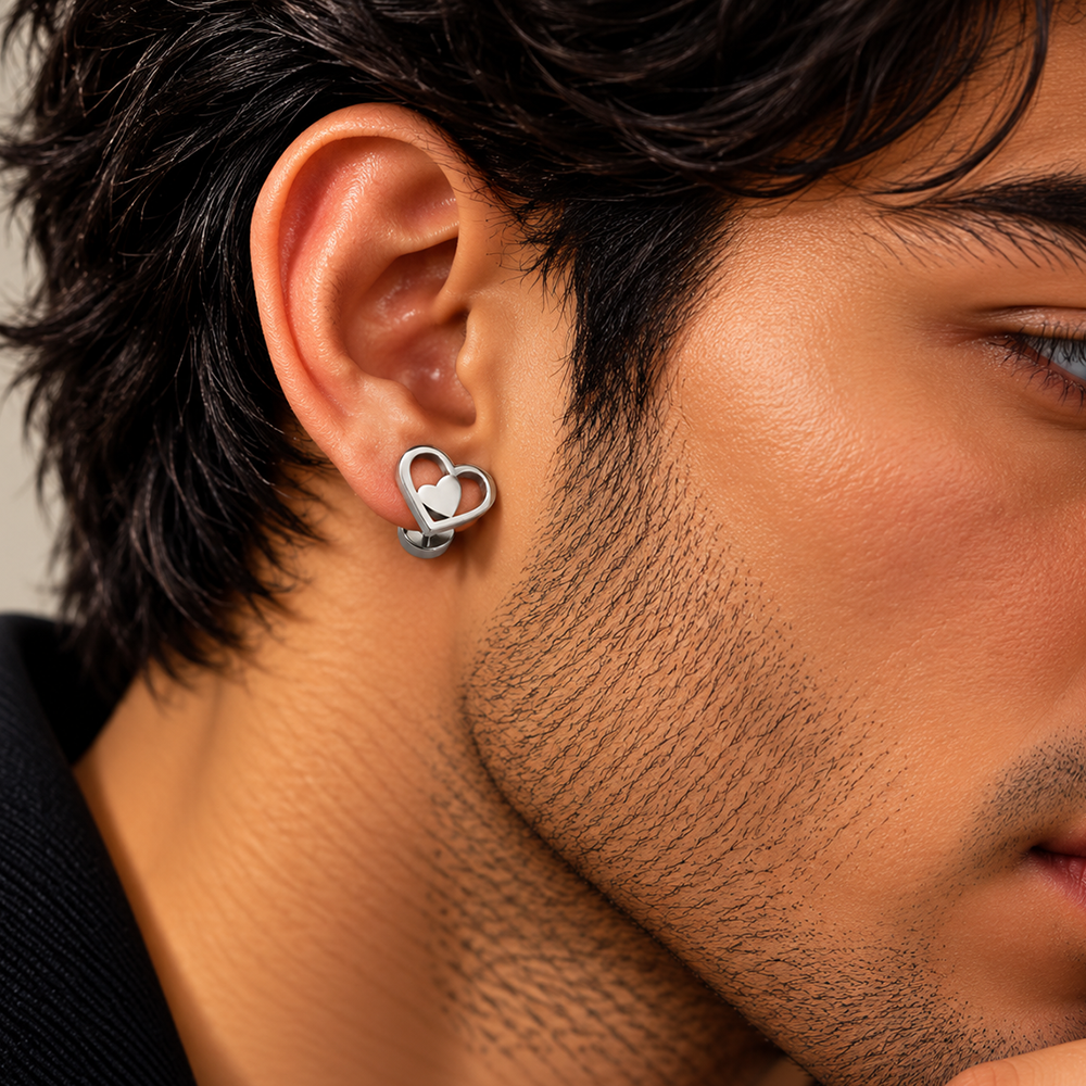 The99Jewel Men's Designer Heart Shape Stud Piercing Earrings | Contemporary Fashion Ear Jewellery for Men 