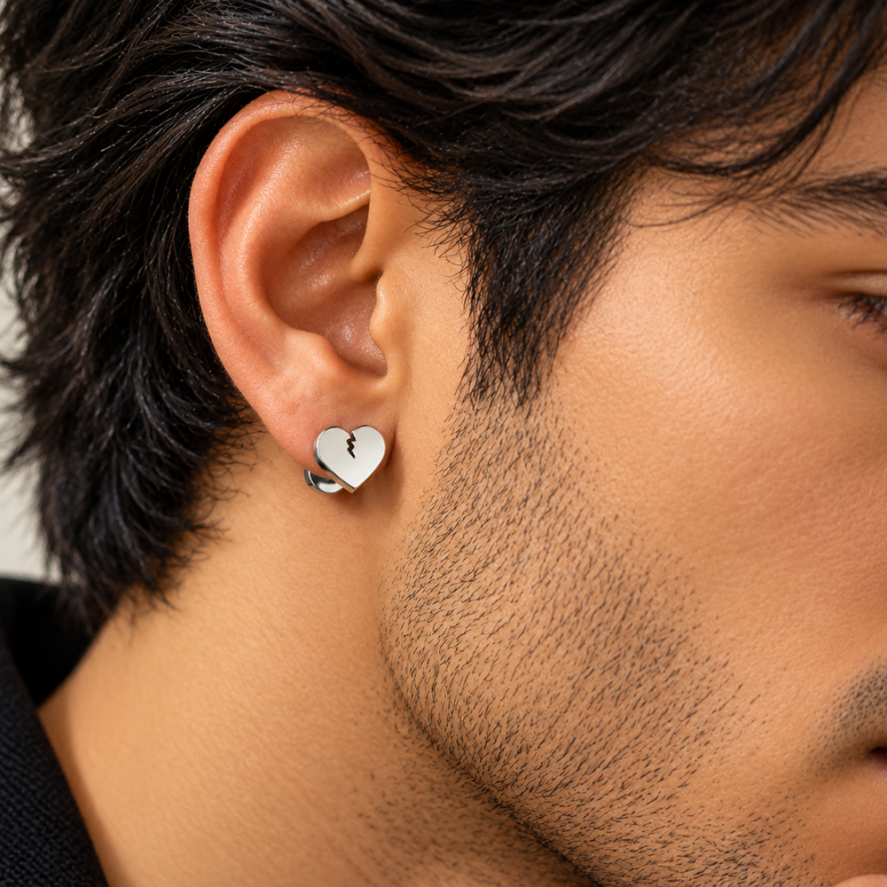 The99Jewel Men's Designer Heart Shape Stud Piercing Earrings | Contemporary Fashion Ear Jewellery for Men 