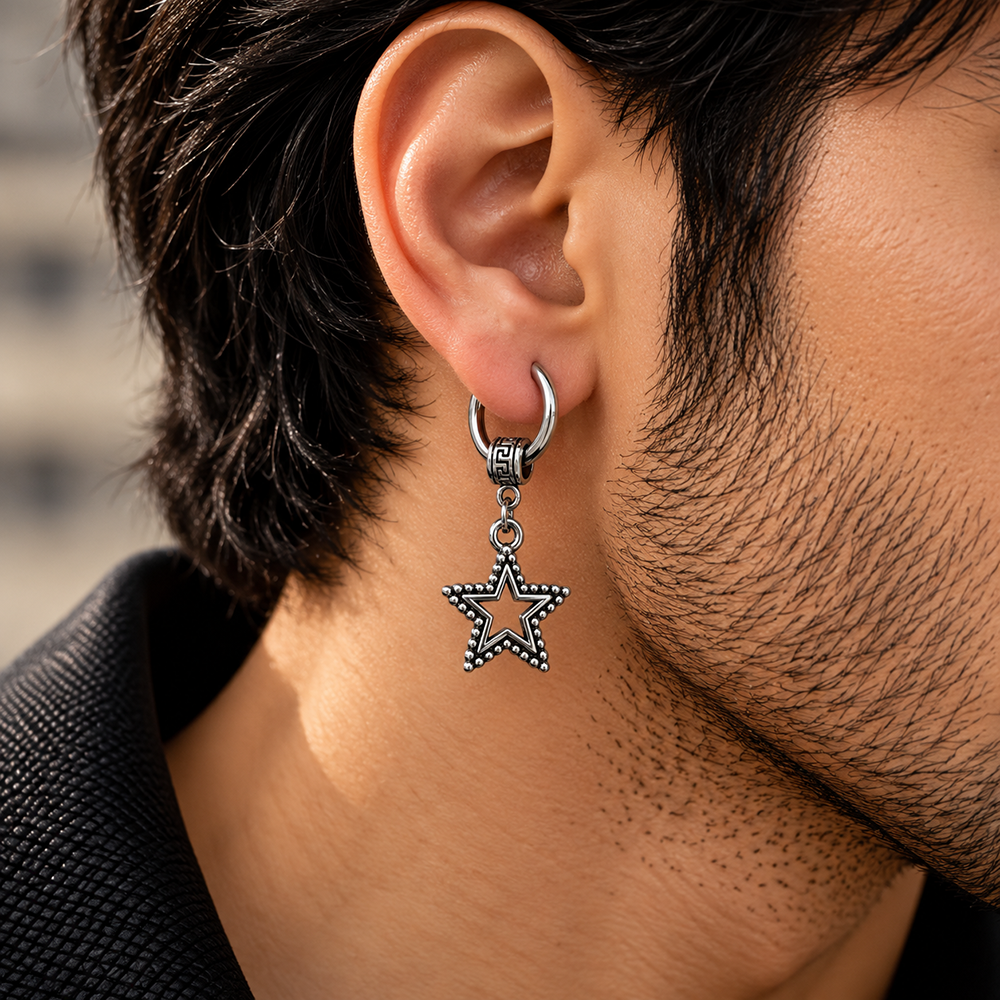 The99Jewel Men's Stylish Stud Piercing Earrings With Star Hanging | Trendy Fashion Jewellery for Modern Men 