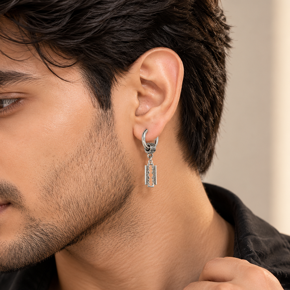 The99Jewel Men's Stylish Stud Piercing Earrings With Blade Charm Hanging | Trendy Fashion Jewellery for Modern Men