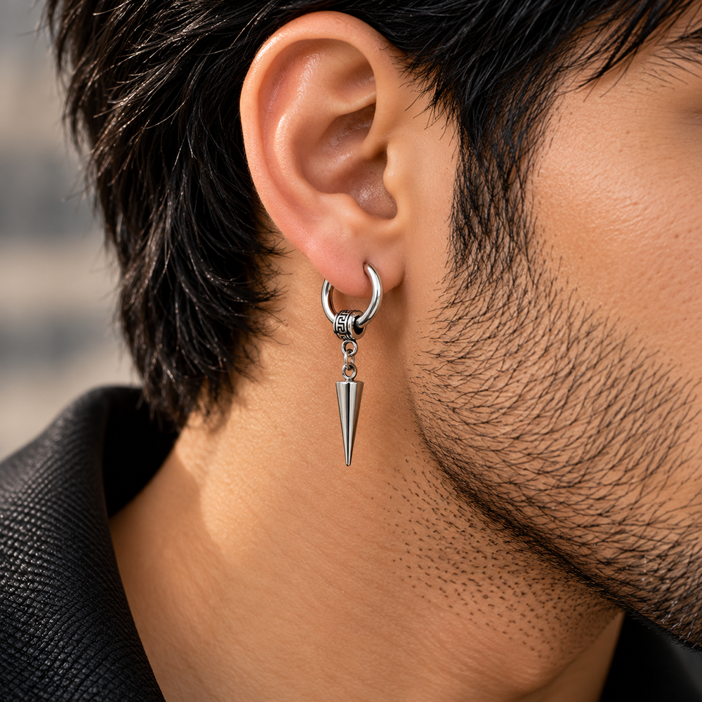 The99Jewel Men's Stylish Stud Piercing Earrings With Cone Hanging | Trendy Fashion Jewellery for Modern Men 