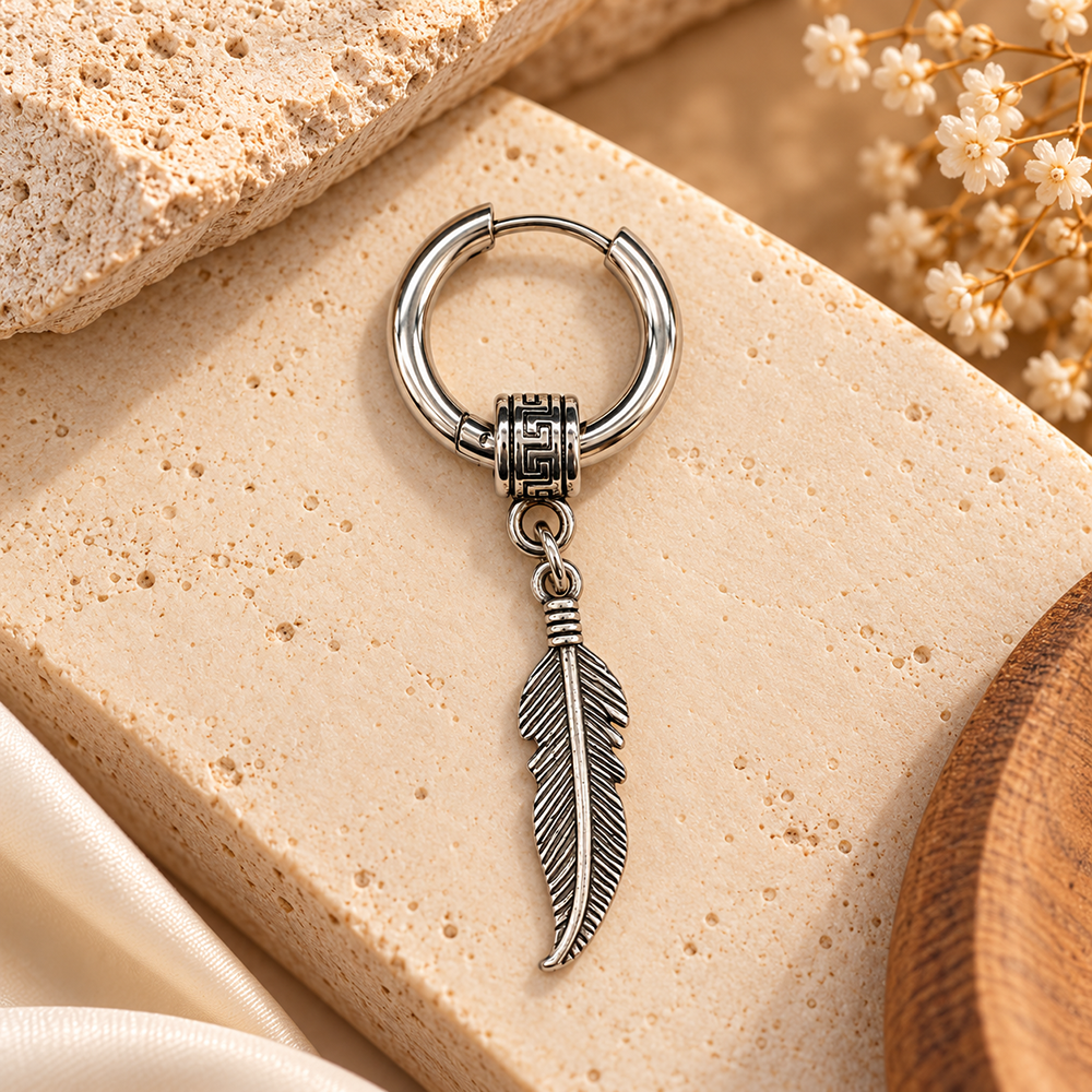 The99Jewel Men's Stylish Stud Piercing Earrings With Feather Hanging | Trendy Fashion Jewellery for Modern Men