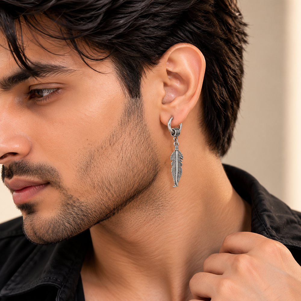 The99Jewel Men's Stylish Stud Piercing Earrings With Feather Hanging | Trendy Fashion Jewellery for Modern Men 