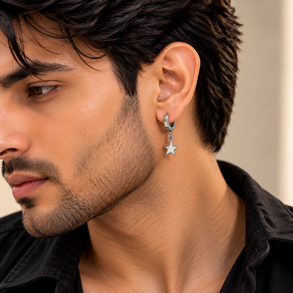 The99Jewel Men's Stylish Stud Piercing Earrings With Star Hanging | Trendy Fashion Jewellery for Modern Men 