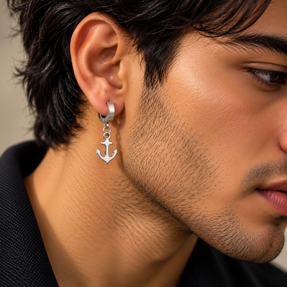 The99Jewel Men's Stylish Stud Piercing Earrings With Anchor Hanging | Trendy Fashion Jewellery for Modern Men 