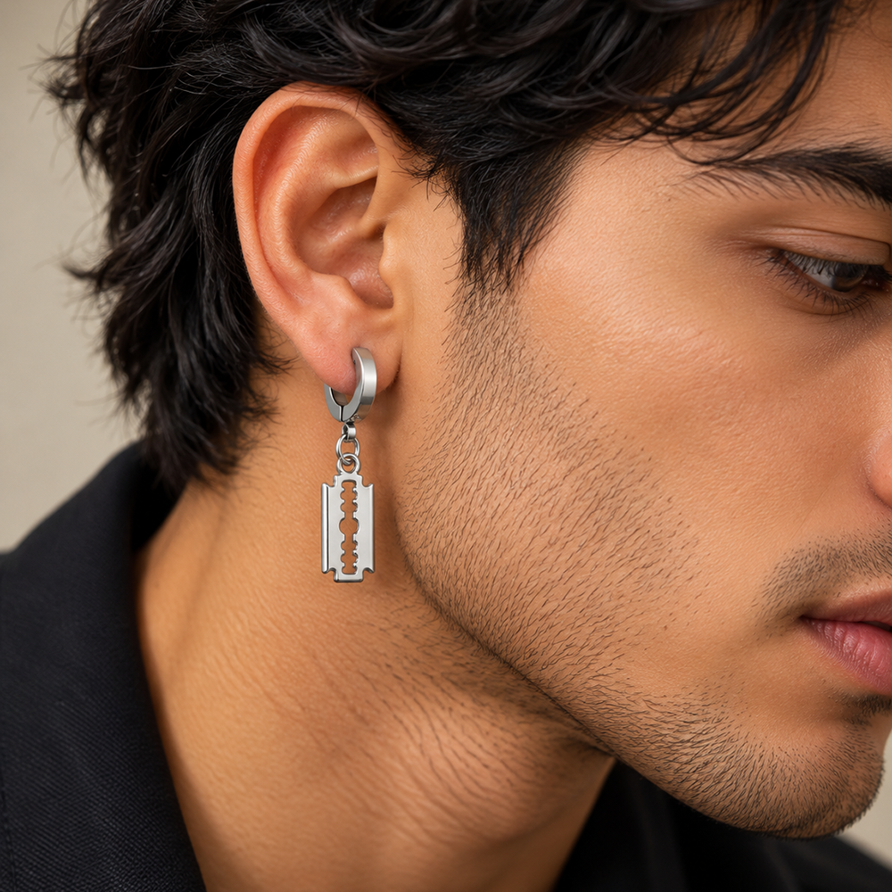 The99Jewel Men's Stylish Stud Piercing Earrings With Blade Hanging | Trendy Fashion Jewellery for Modern Men 
