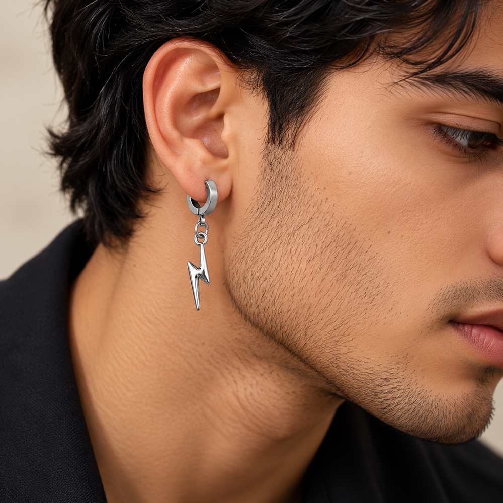 The99Jewel Men's Stylish Stud Piercing Earrings With Thunder Hanging | Trendy Fashion Jewellery for Modern Men 