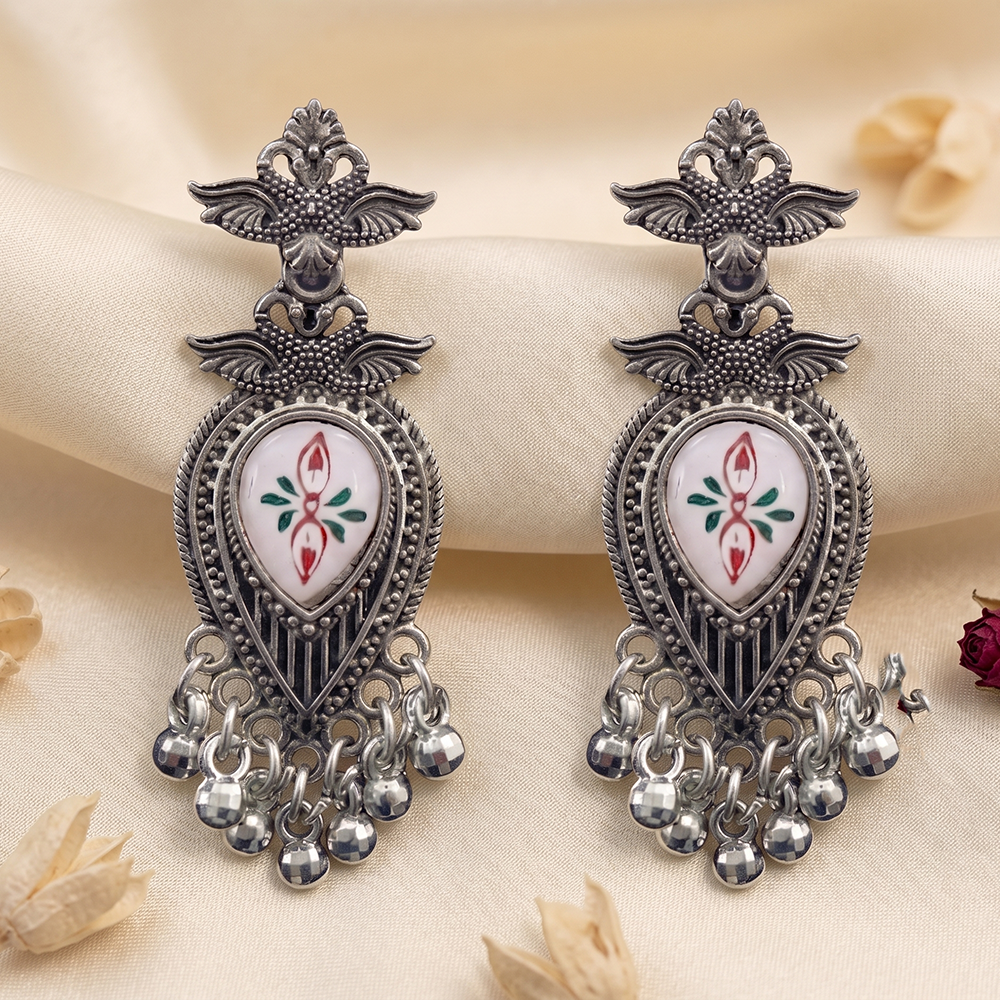 The99Jewel Oxidised Plated Pearl Dangler Earrings 