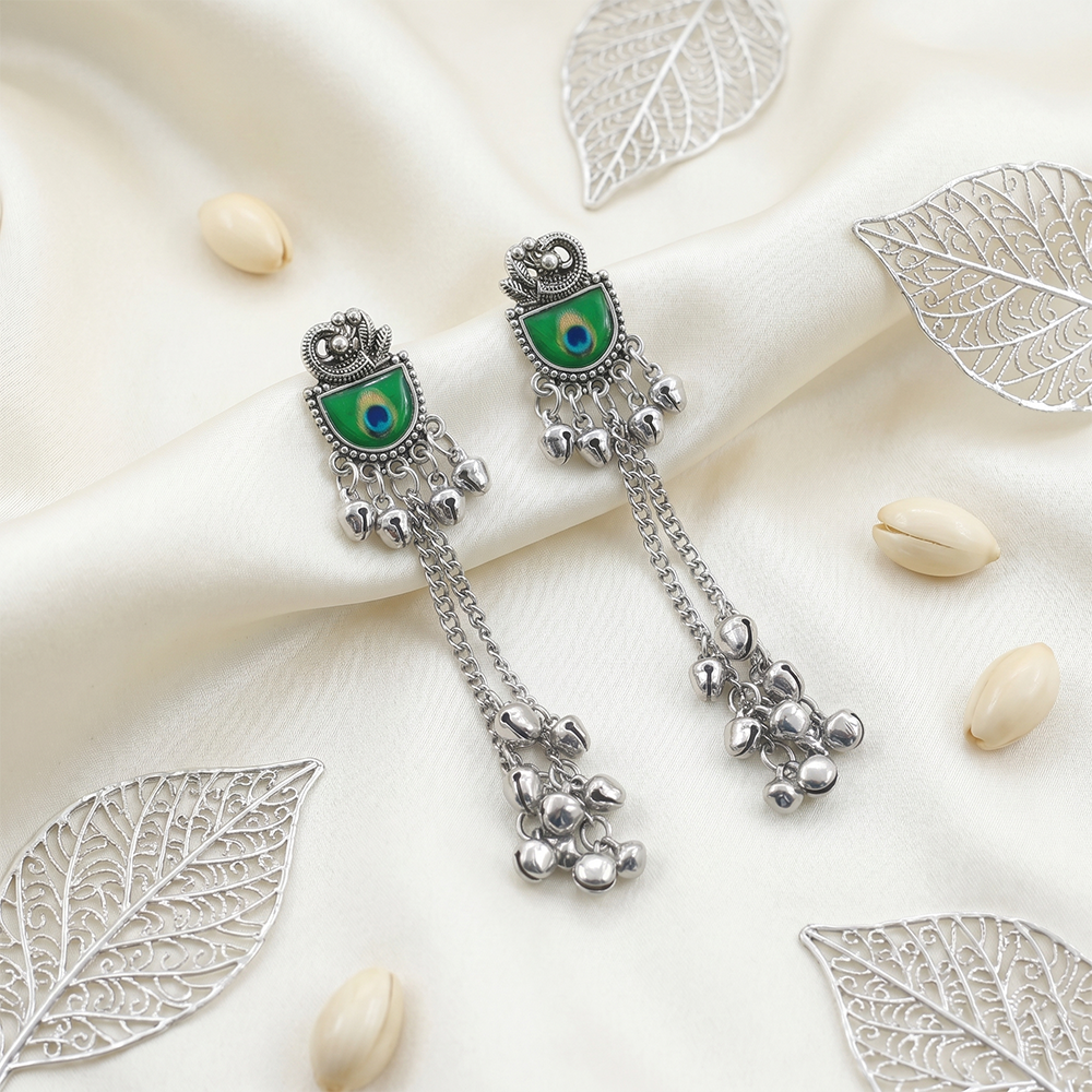The99Jewel Vintage Oxidised Peacock Inspired Kashmiri Dangler Earrings