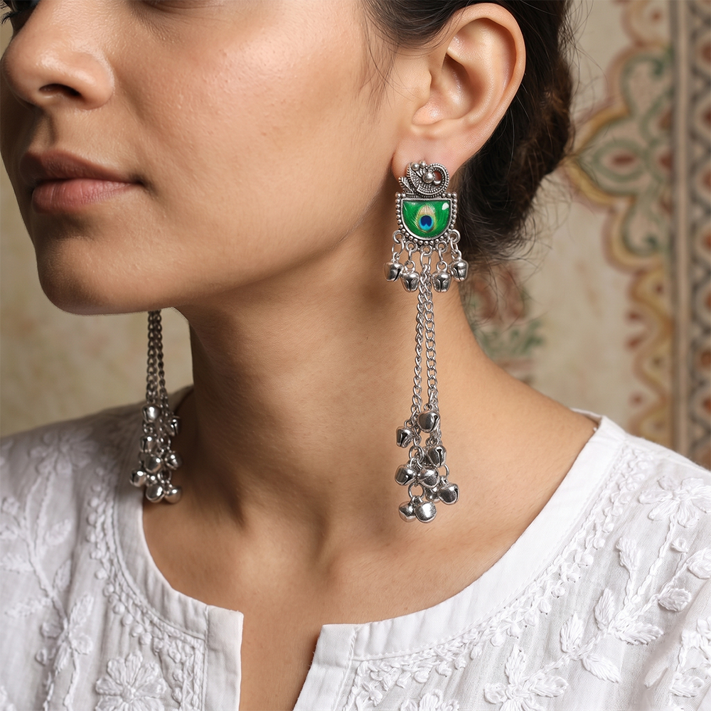 The99Jewel Vintage Oxidised Peacock Inspired Kashmiri Dangler Earrings