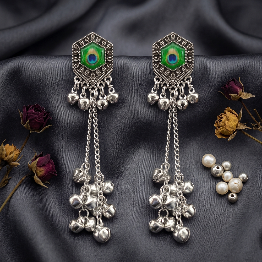 The99Jewel Vintage Oxidised Peacock Inspired Kashmiri Dangler Earrings