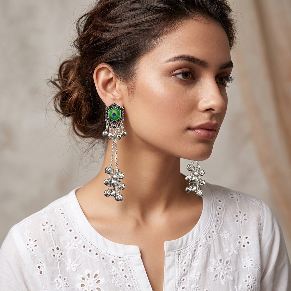 The99Jewel Vintage Oxidised Peacock Inspired Kashmiri Dangler Earrings