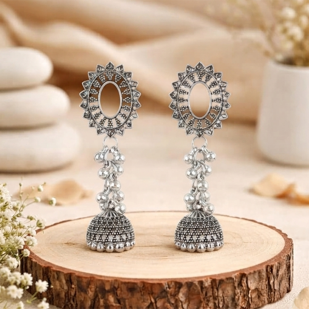 The99Jewel Oxidised Silver Plated Traditional Jhumki Earrings for Women