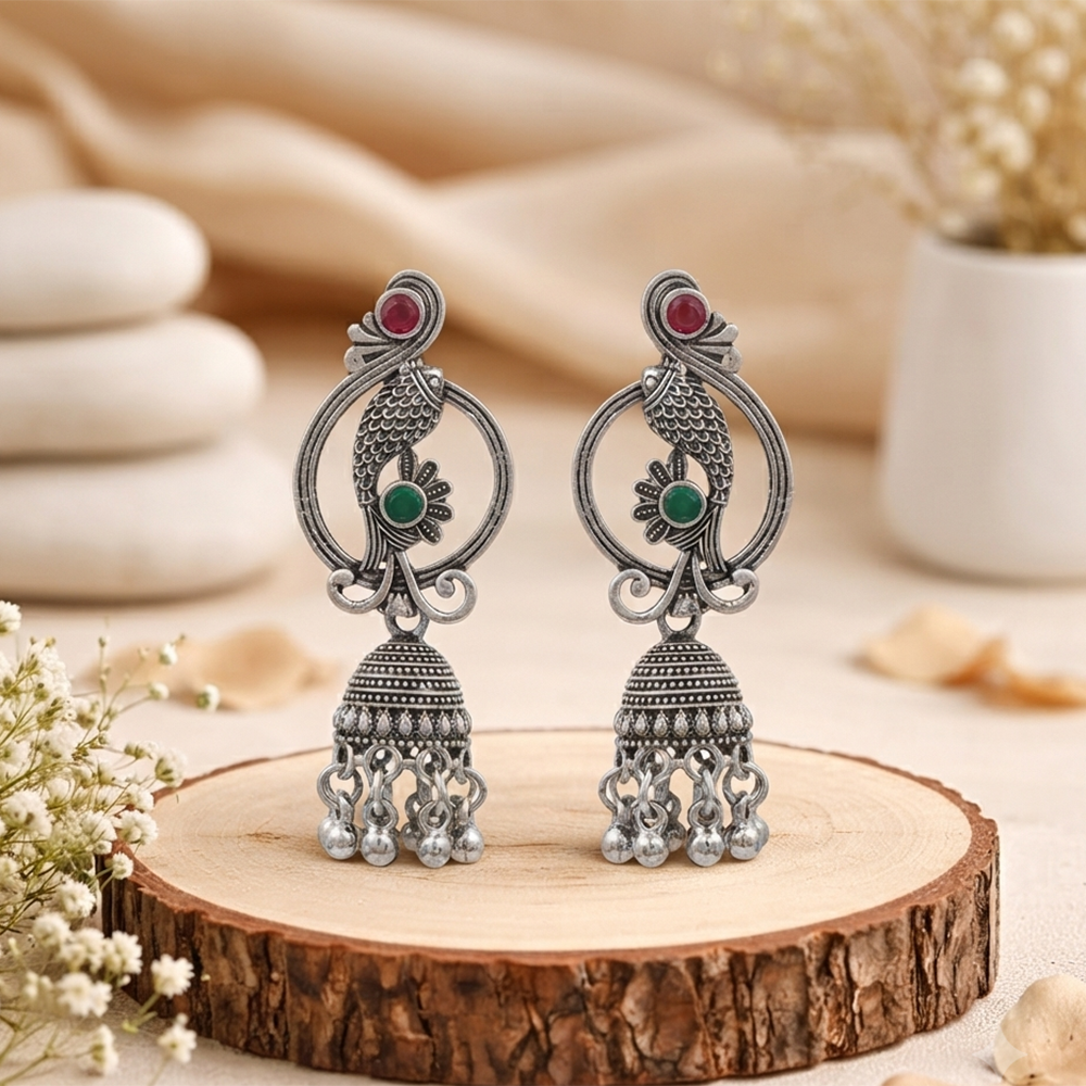 The99Jewel Oxidised Silver Plated Traditional Fish Motif  Jhumki Earrings for Women