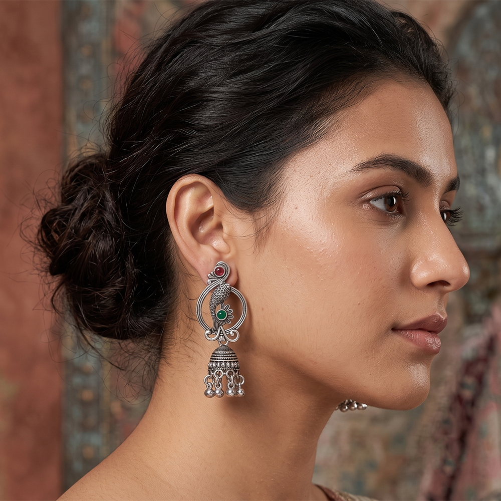The99Jewel Oxidised Silver Plated Traditional Fish Motif  Jhumki Earrings for Women