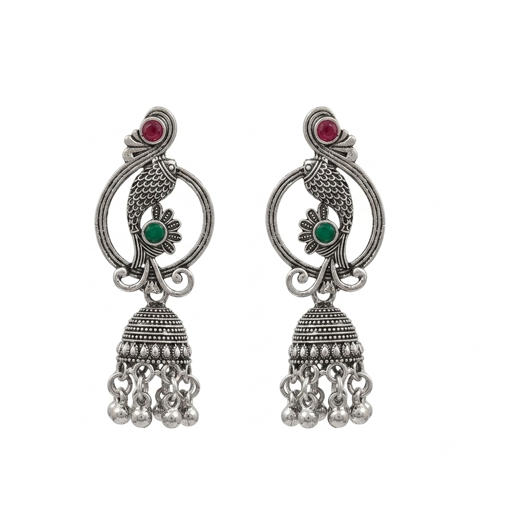 The99Jewel Oxidised Silver Plated Traditional Fish Motif  Jhumki Earrings for Women