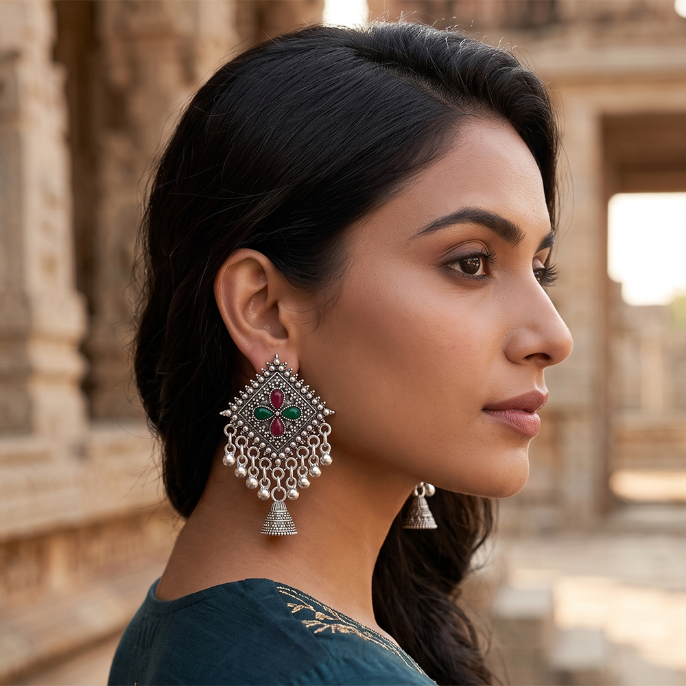 The99Jewel Oxidised Silver Plated Traditional Jhumki Earrings for Women
