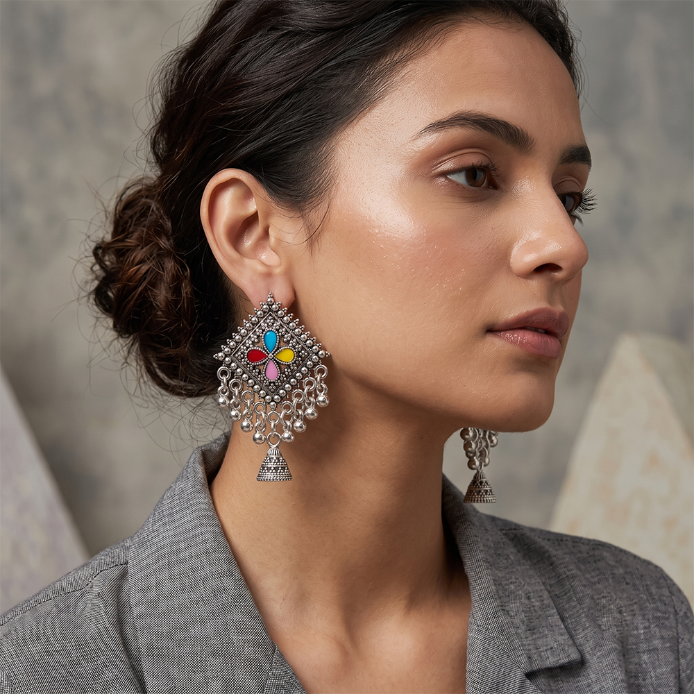 The99Jewel Oxidised Silver Plated Traditional Jhumki Earrings for Women