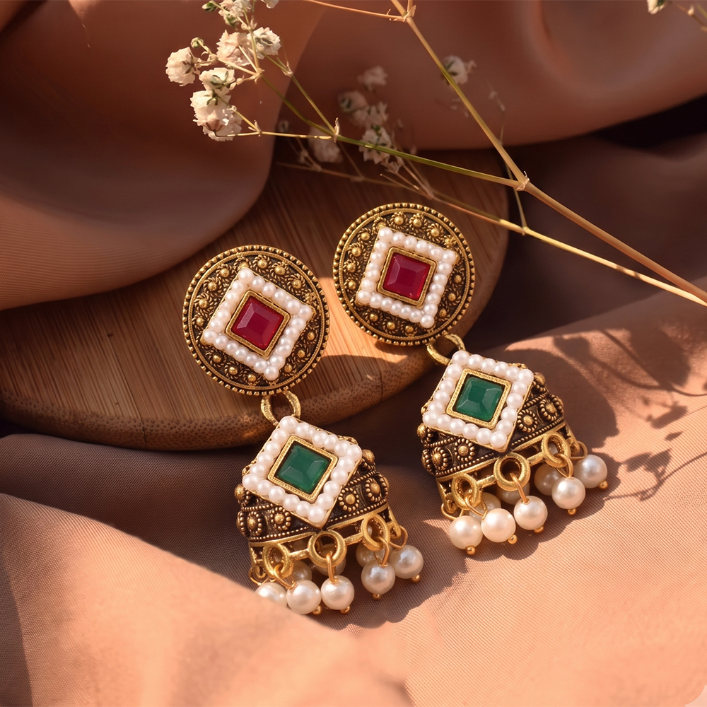 The99Jewel Antique Gold Plated Pearl Jhumki Earrings for Women