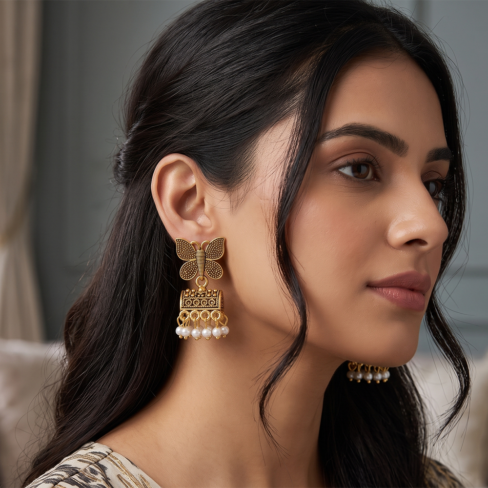 The99Jewel Antique Gold Plated Butterfly & Pearl Jhumki Earrings for Women