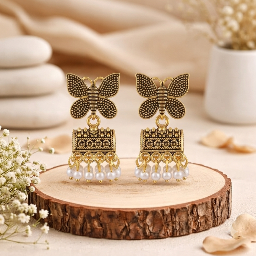 The99Jewel Antique Gold Plated Butterfly & Pearl Jhumki Earrings for Women