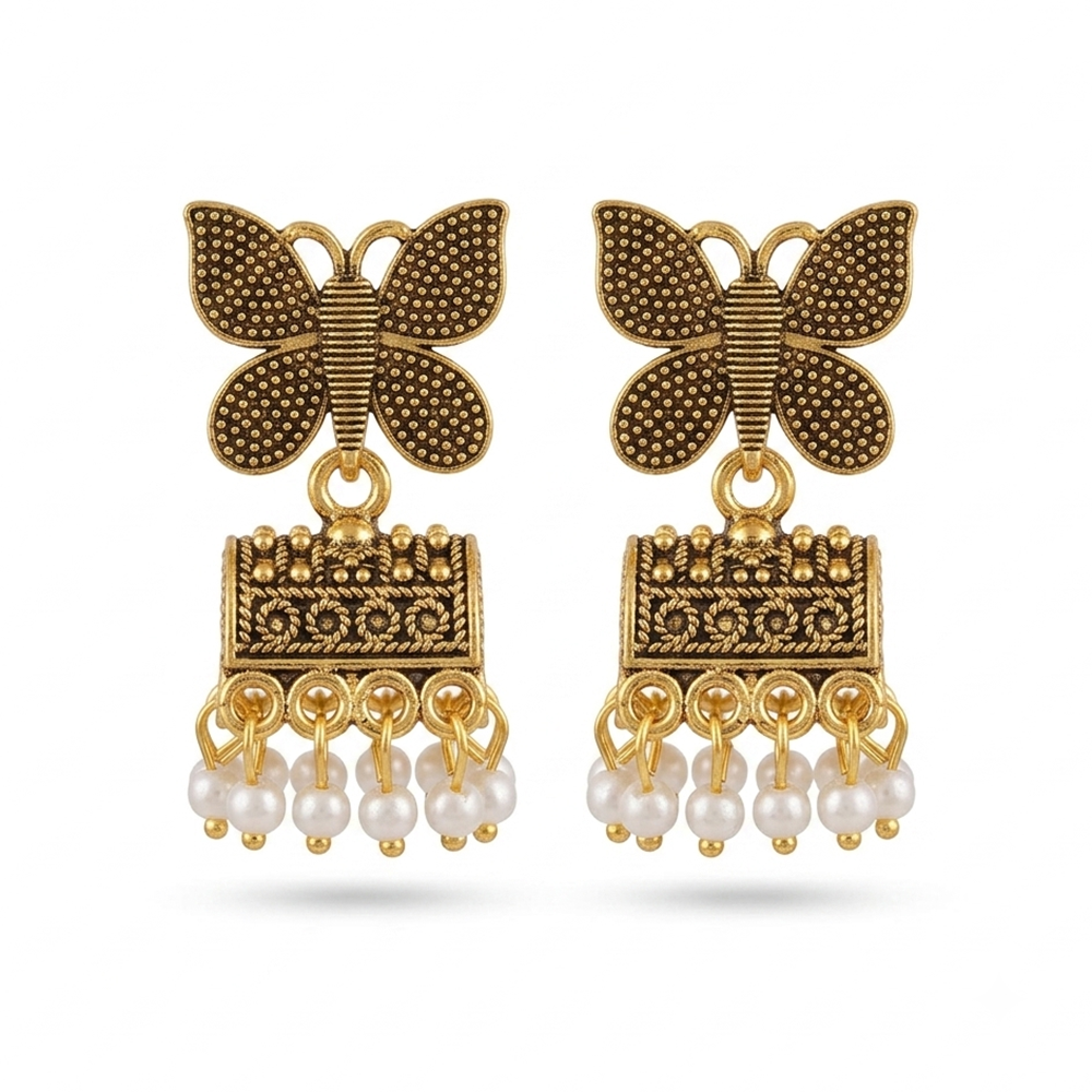 The99Jewel Antique Gold Plated Butterfly & Pearl Jhumki Earrings for Women