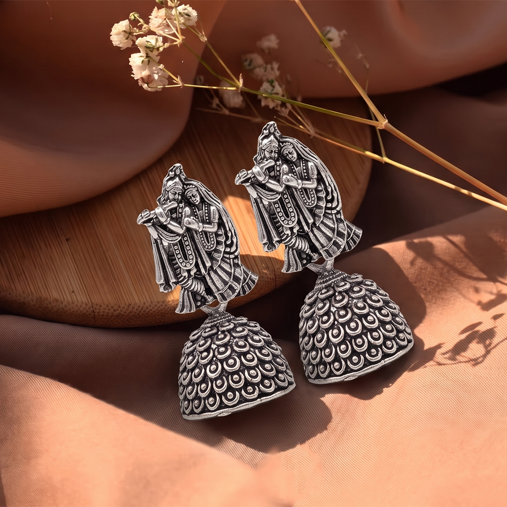 The99Jewel Oxidised Silver Plated Traditional Radha Krishna Jhumki Earrings for Women