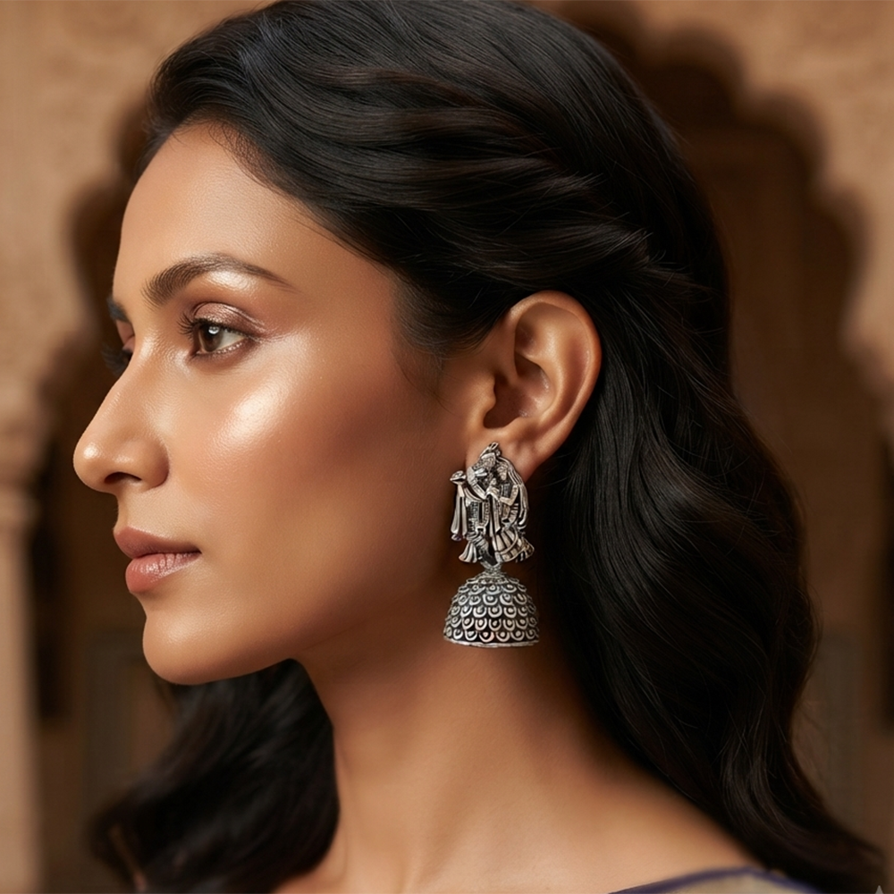 The99Jewel Oxidised Silver Plated Traditional Radha Krishna Jhumki Earrings for Women
