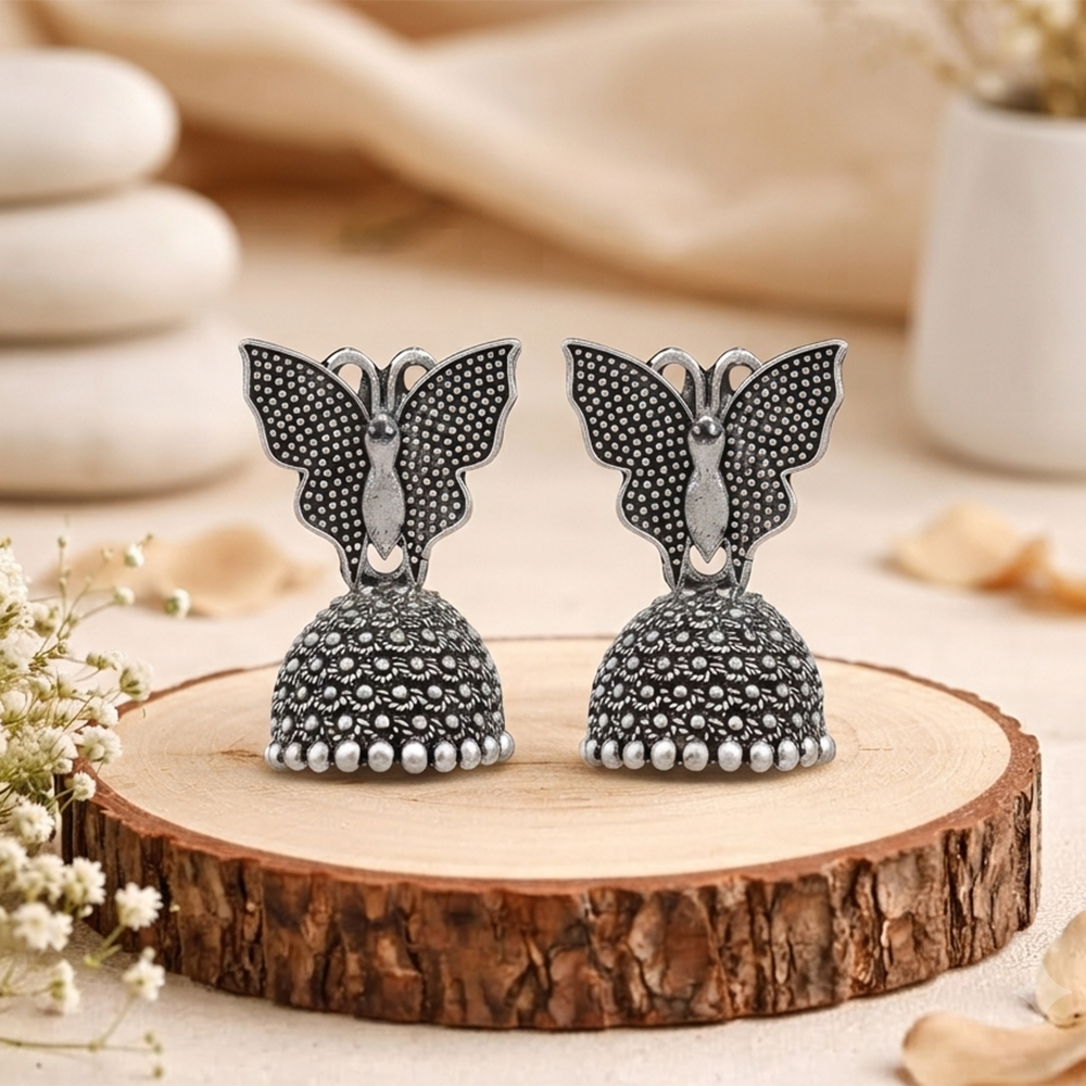 The99Jewel Oxidised Silver Plated Traditional Butterfly Shape Jhumki Earrings for Women