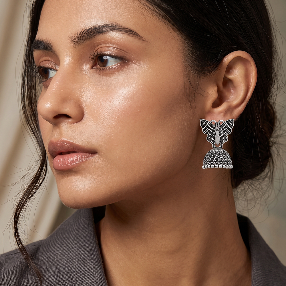 The99Jewel Oxidised Silver Plated Traditional Butterfly Shape Jhumki Earrings for Women