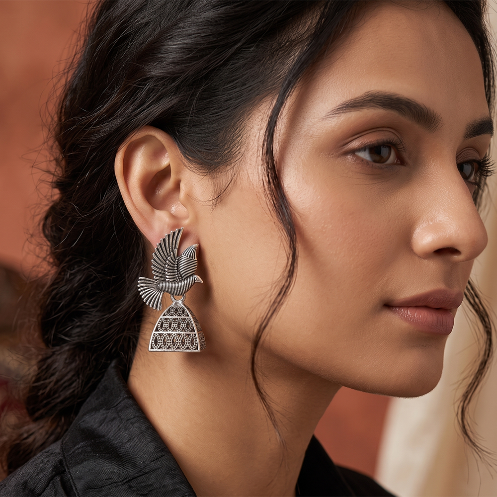 The99Jewel Oxidised Silver Plated Traditional Bird  Shape Jhumki Earrings for Women