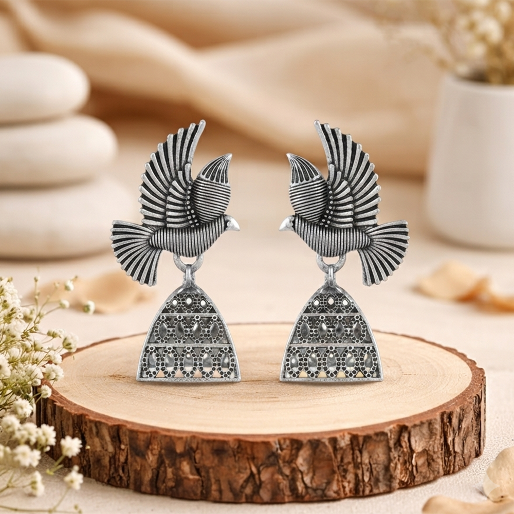 The99Jewel Oxidised Silver Plated Traditional Bird  Shape Jhumki Earrings for Women