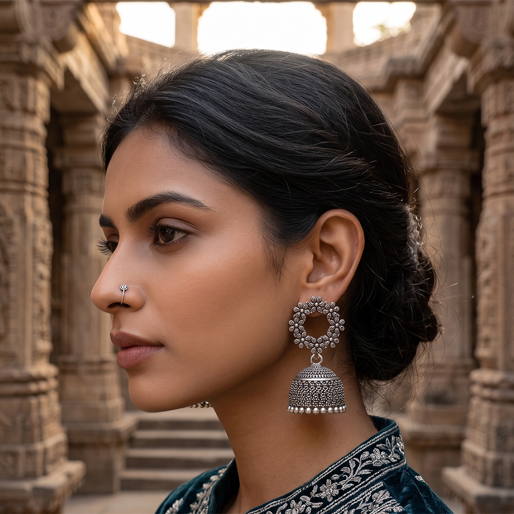 The99Jewel Oxidised Silver Plated Traditional Jhumki Earrings for Women