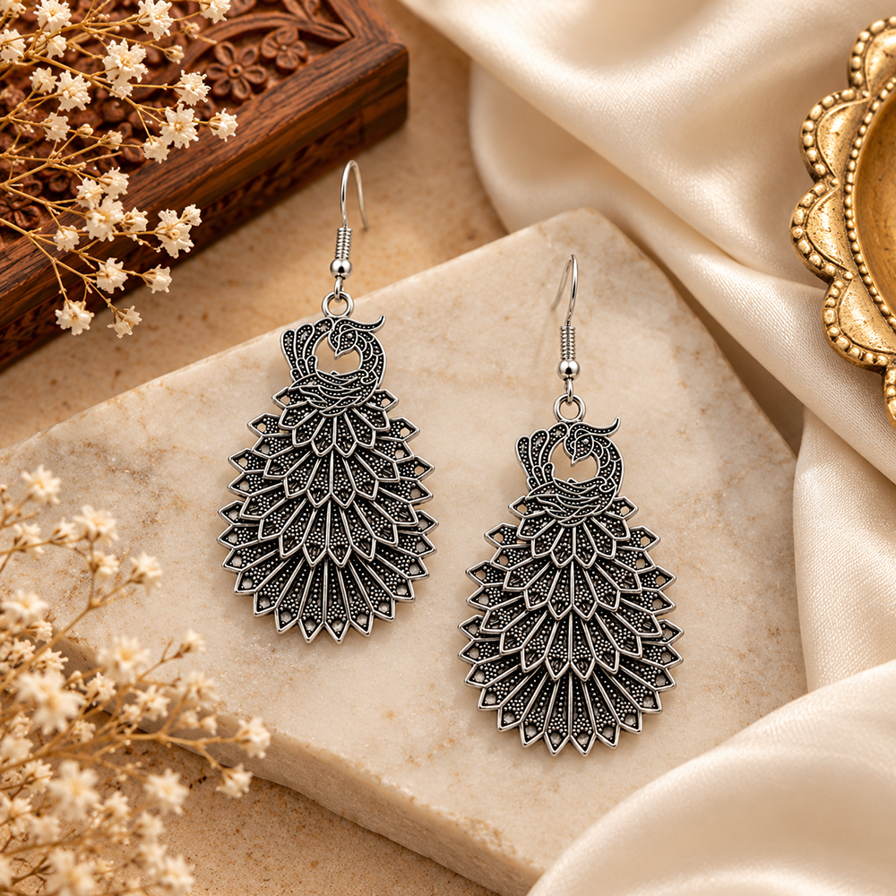 The99Jewel Designer Oxidised Plated Peacock Shape Dangler Earrings for Women 