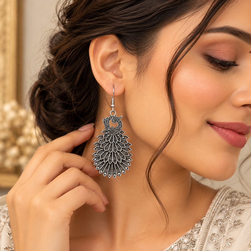 The99Jewel Designer Oxidised Plated Peacock Shape Dangler Earrings for Women