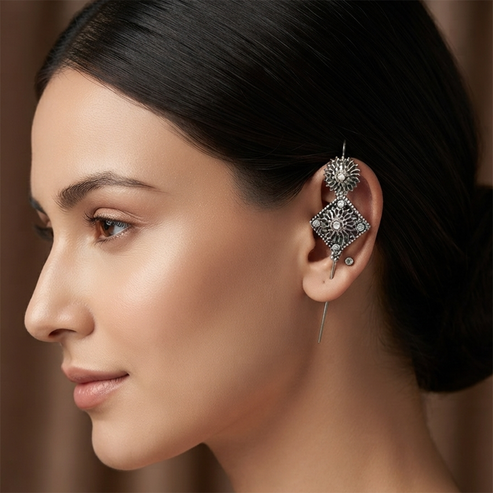 The99Jewel Oxidised Plated Square Ear cuff