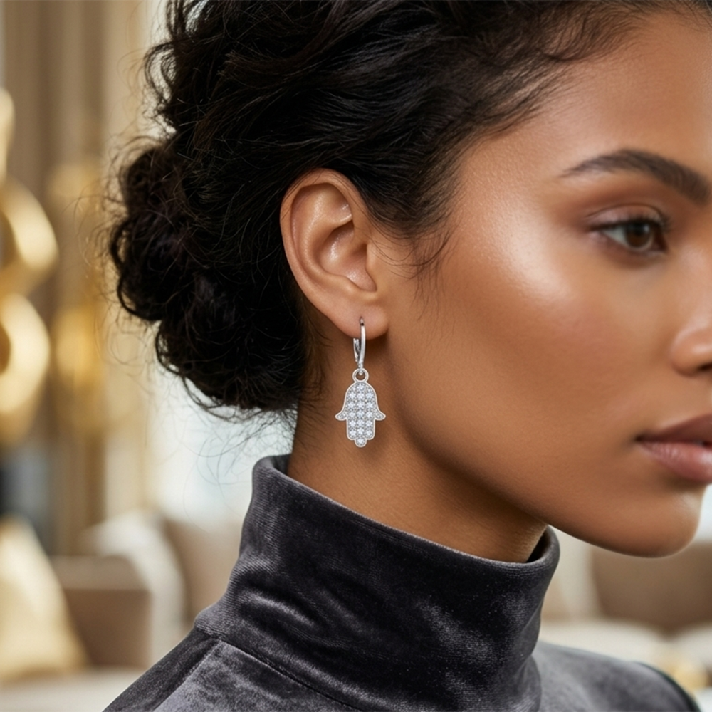 The99Jewel Silver Plated Austrian Stone Hamsa Shape Hoop Earrings for Women
