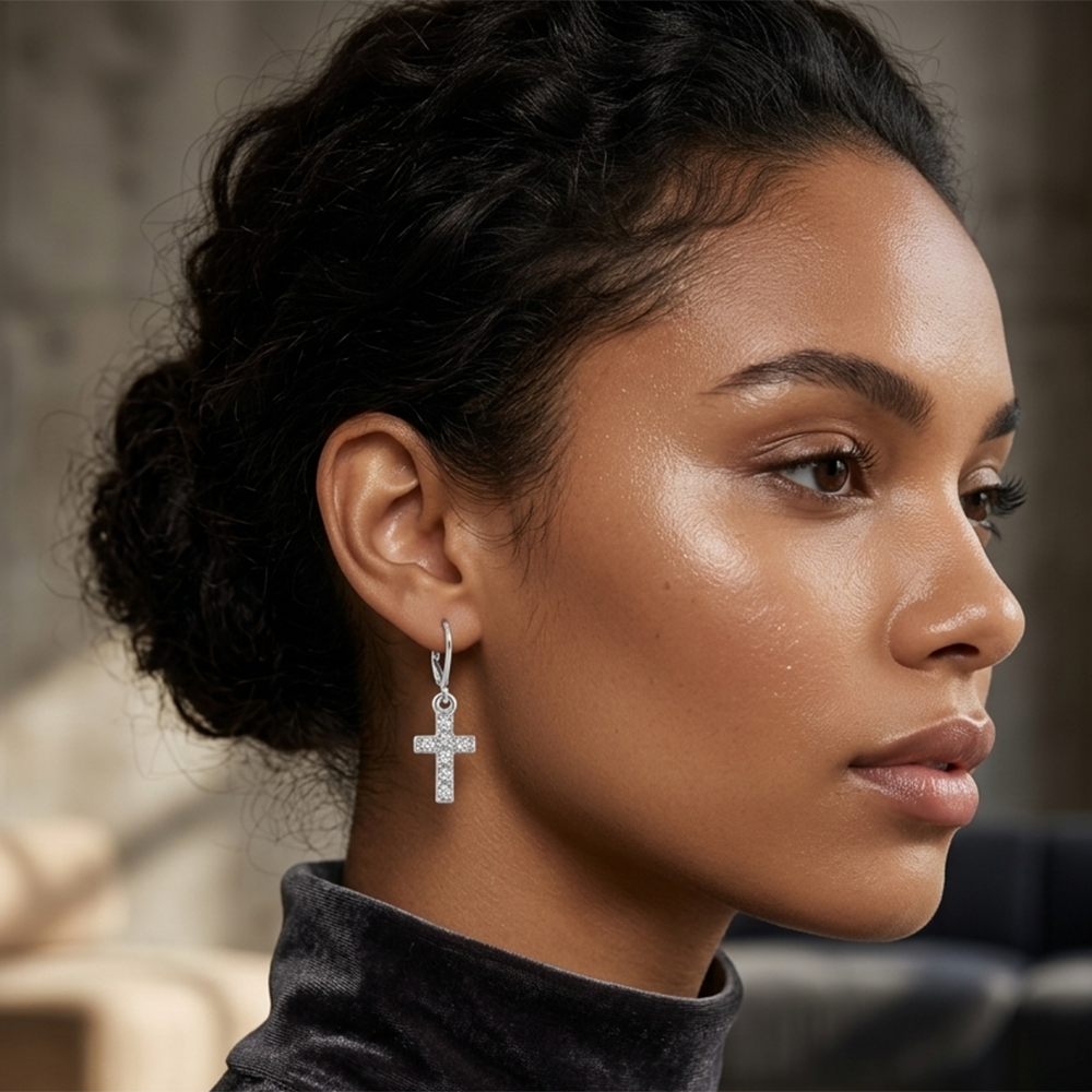 The99Jewel Silver Plated Austrian Stone Cross Shape  Hoop Earrings for Women