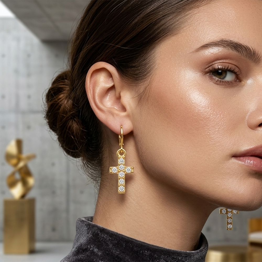 The99Jewel Gold Plated Austrian stone  Cross Shape Hoop Earrings for Women