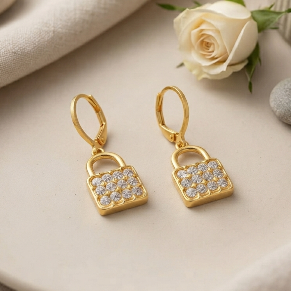 The99Jewel Gold Plated Austrian stone  Lock Shape Hoop Earrings for Women