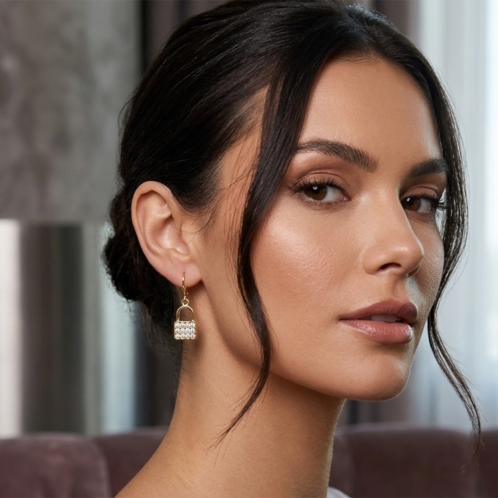 The99Jewel Gold Plated Austrian stone  Lock Shape Hoop Earrings for Women