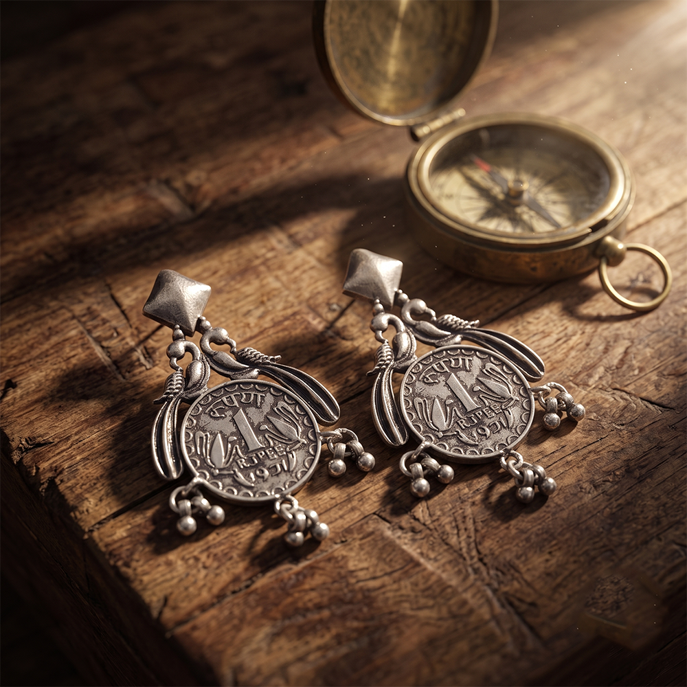The99Jewel Oxidised Vintage Indian 1 Rupee Coin Drop Earrings for Women