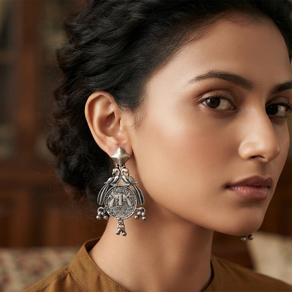 The99Jewel Oxidised Vintage Indian 1 Rupee Coin Drop Earrings for Women