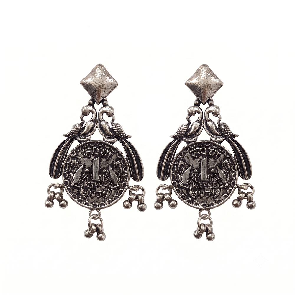 The99Jewel Oxidised Vintage Indian 1 Rupee Coin Drop Earrings for Women