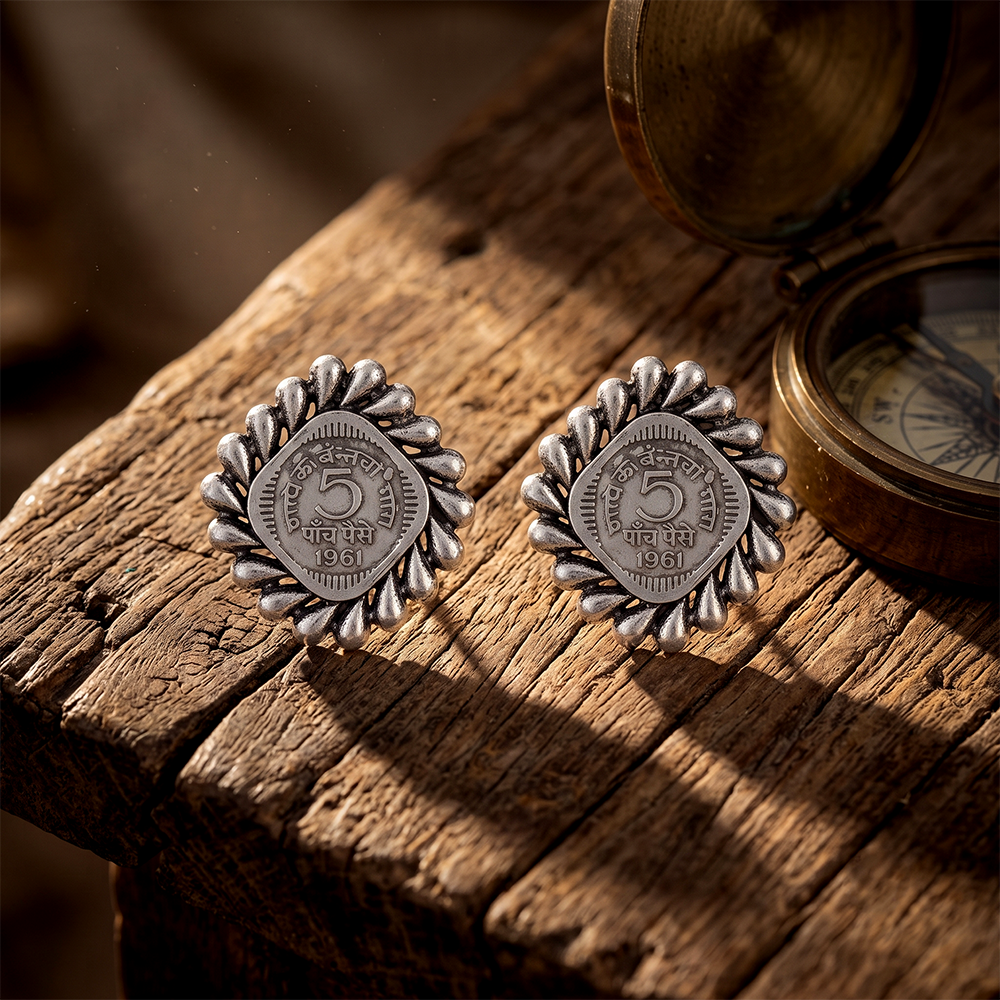The99Jewel Oxidised Vintage Indian 5 Rupee Coin Stud Earrings for Women