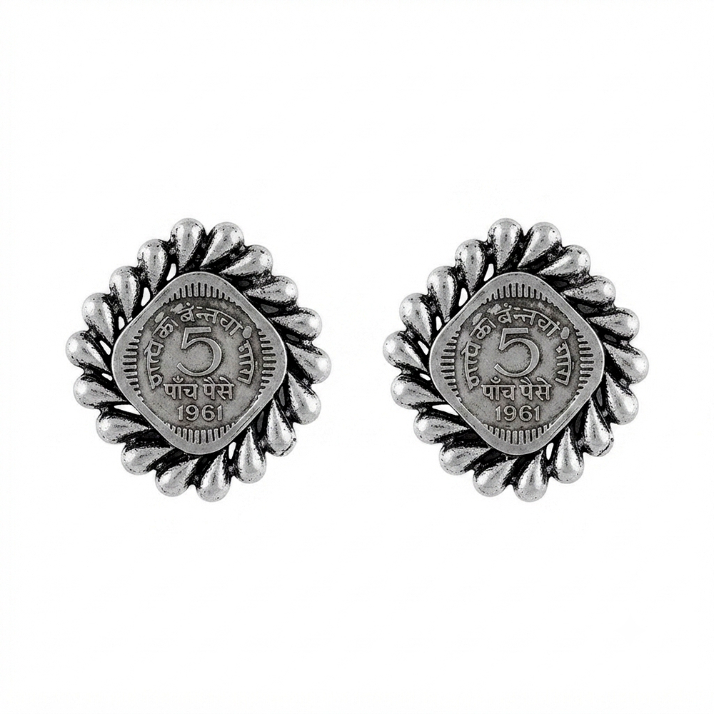 The99Jewel Oxidised Vintage Indian 5 Rupee Coin Stud Earrings for Women